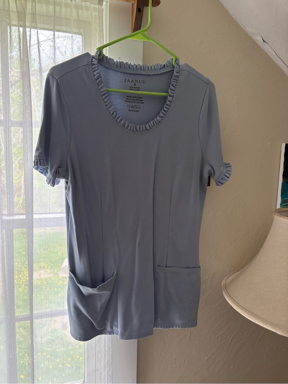 Jaanuu Women's Light Blue Short Sleeve Scrub Top with Ruffle Trim